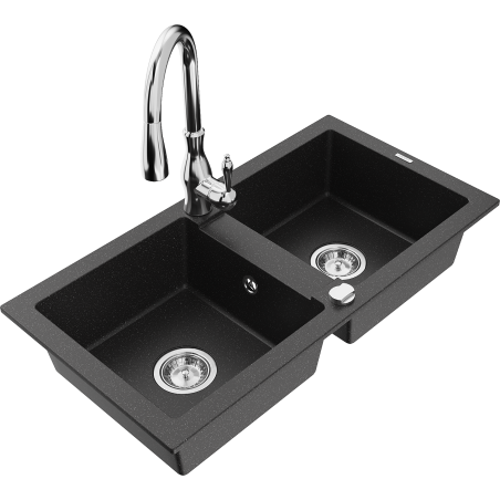 Mexen Mario Granit-Spülbecken 2-Kammern mit Küchenarmatur Savita, schwarz/silber metallic - 6504-73-672601-00