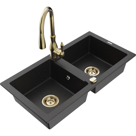 Mexen Mario Granitspülbecken 2-Kammer mit Küchenarmatur Savita, schwarz/silber metallic - 6504-73-672601-50