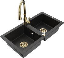 Mexen Mario Granitspülbecken 2-Kammer mit Küchenarmatur Savita, schwarz/silber metallic - 6504-73-672601-50