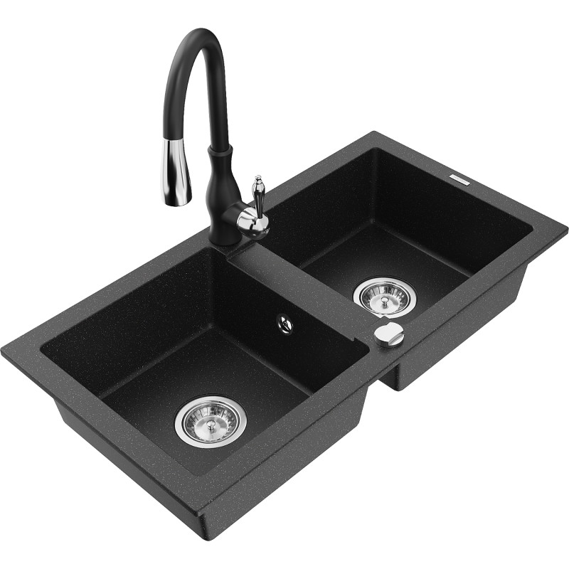Mexen Mario Granitspüle 2-Kammer mit Küchenarmatur Savita, schwarz/silber metallic - 6504-73-672601-70