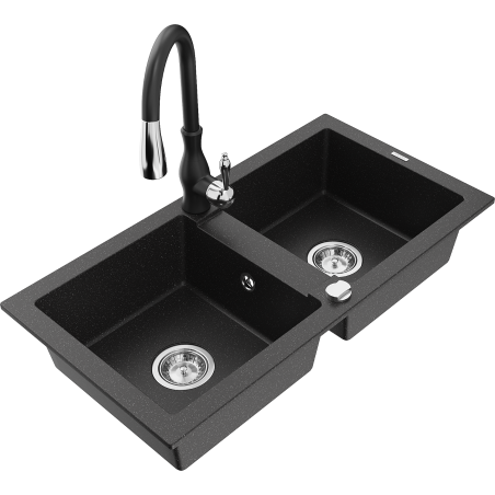 Mexen Mario Granitspüle 2-Kammer mit Küchenarmatur Savita, schwarz/silber metallic - 6504-73-672601-70