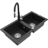 Mexen Mario Granitspüle 2-Kammer mit Küchenarmatur Savita, schwarz/silber metallic - 6504-73-672601-70