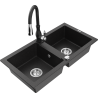 Mexen Mario Granitspüle mit 2 Becken und Küchenarmatur Savita, schwarz/silber Metallic - 6504-73-672601-70