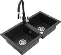 Mexen Mario granitspüle 2-becken mit küchenarmatur Savita, schwarz/silber metallic - 6504-73-672601-70