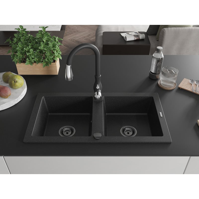 Mexen Mario Granitspüle 2-beckig mit Küchenarmatur Savita, schwarz/silber metallic - 6504-73-672601-70-B