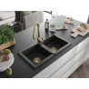 Mexen Mario 2-Kammer Granitspüle mit Küchenarmatur Savita, Schwarz/Gold-Metallic - 6504-75-672601-50