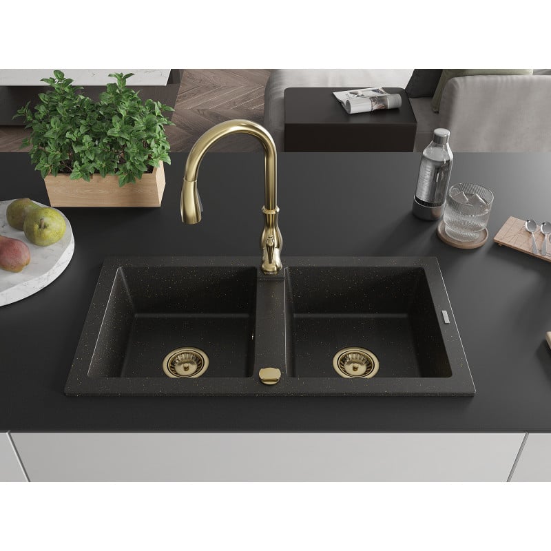 Mexen Mario granitspüle 2-becken mit Küchenarmatur Savita, schwarz/gold metallic - 6504-75-672601-50