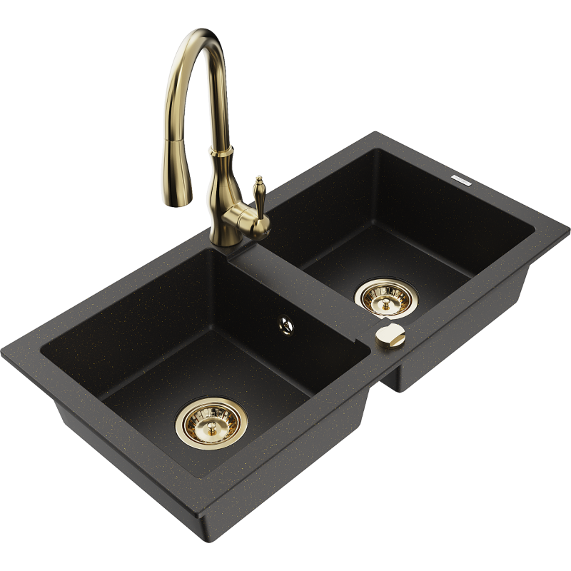 Mexen Mario granitspüle 2-becken mit Küchenarmatur Savita, schwarz/gold metallic - 6504-75-672601-50