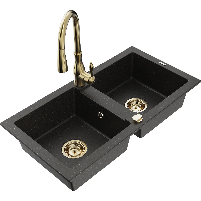 Mexen Mario Granitspüle 2-Kammern mit Küchenarmatur Savita, schwarz/gold-metallic - 6504-75-672601-50