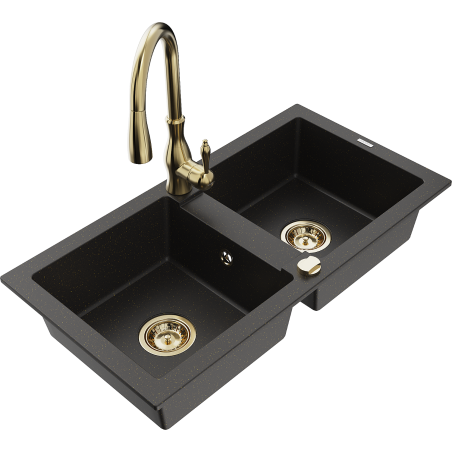 Mexen Mario 2-Kammer Granitspüle mit Küchenarmatur Savita, Schwarz/Gold-Metallic - 6504-75-672601-50