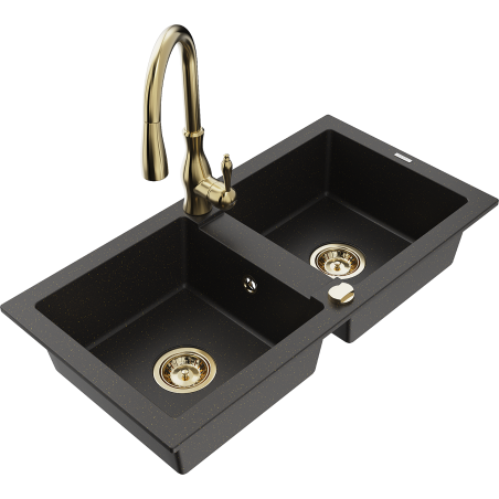 Mexen Mario granitspüle 2-becken mit Küchenarmatur Savita, schwarz/gold metallic - 6504-75-672601-50