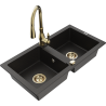 Mexen Mario Granitspüle 2-Kammern mit Küchenarmatur Savita, schwarz/gold-metallic - 6504-75-672601-50