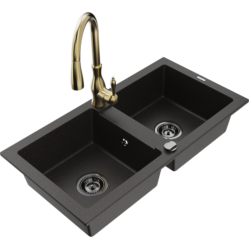 Mexen Mario Granit-Spülbecken 2-Kammer mit Küchenarmatur Savita, Schwarz/Gold Metallic - 6504-75-672601-50-B