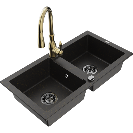 Mexen Mario Granit-Spülbecken 2-Kammer mit Küchenarmatur Savita, Schwarz/Gold Metallic - 6504-75-672601-50-B