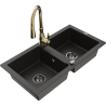 Mexen Mario Granit-Spülbecken 2-Kammer mit Küchenarmatur Savita, Schwarz/Gold Metallic - 6504-75-672601-50-B