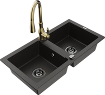 Mexen Mario Granit-Spülbecken 2-Kammer mit Küchenarmatur Savita, Schwarz/Gold Metallic - 6504-75-672601-50-B