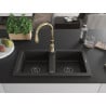 Mexen Mario Granit-Spülbecken 2-Kammer mit Küchenarmatur Savita, Schwarz/Gold Metallic - 6504-75-672601-50-B
