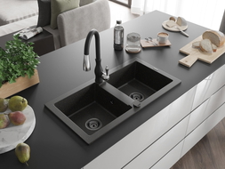 Mexen Mario Granitspüle 2-Becken mit Küchenarmatur Savita, Schwarz/Gold Metallic - 6504-75-672601-70-B