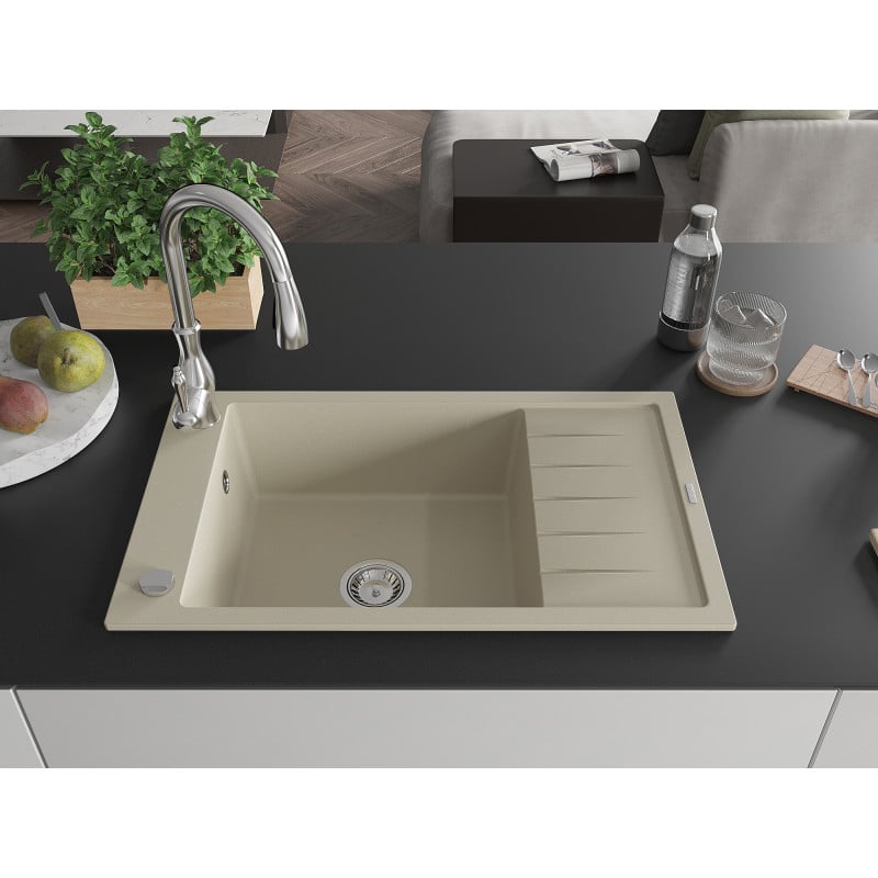 Mexen Elias Granitspüle 1-beckig mit Abtropffläche und Küchenarmatur Savita, beige - 6511-69-672601-00