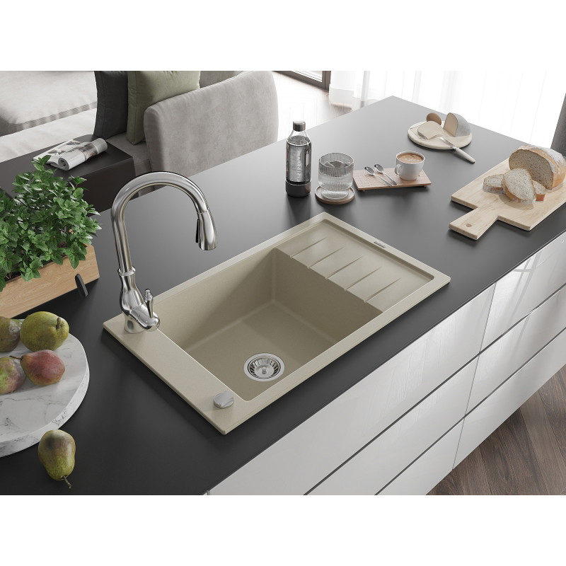 Mexen Elias Granitspüle 1-becken mit Abtropffläche und Küchenarmatur Savita, beige - 6511-69-672601-00
