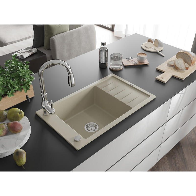 Mexen Elias Granitspüle 1-beckig mit Abtropffläche und Küchenarmatur Savita, beige - 6511-69-672601-00
