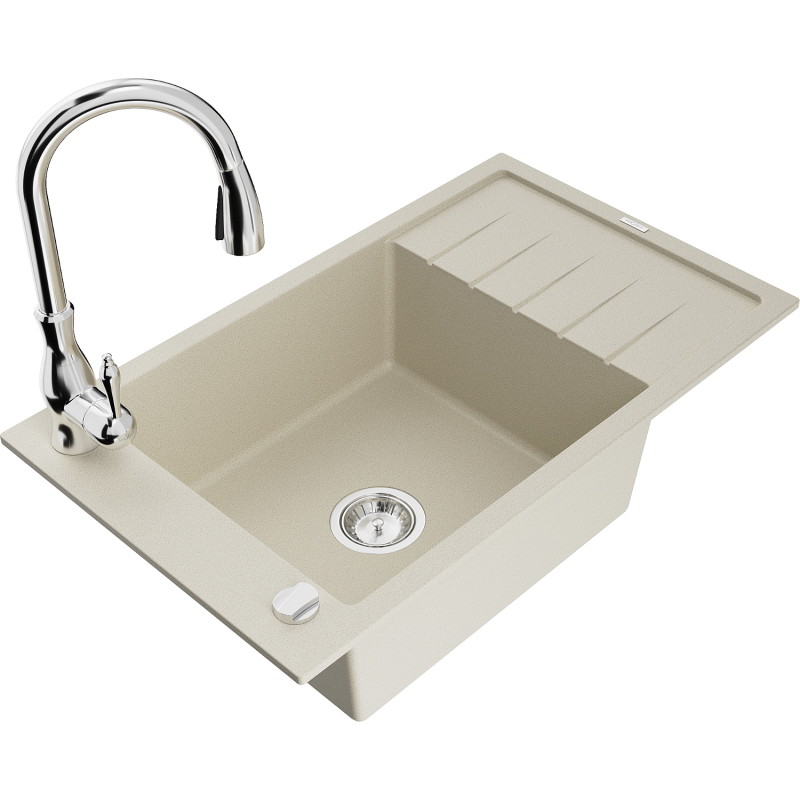 Mexen Elias Granitspüle 1-becken mit Abtropffläche und Küchenarmatur Savita, beige - 6511-69-672601-00