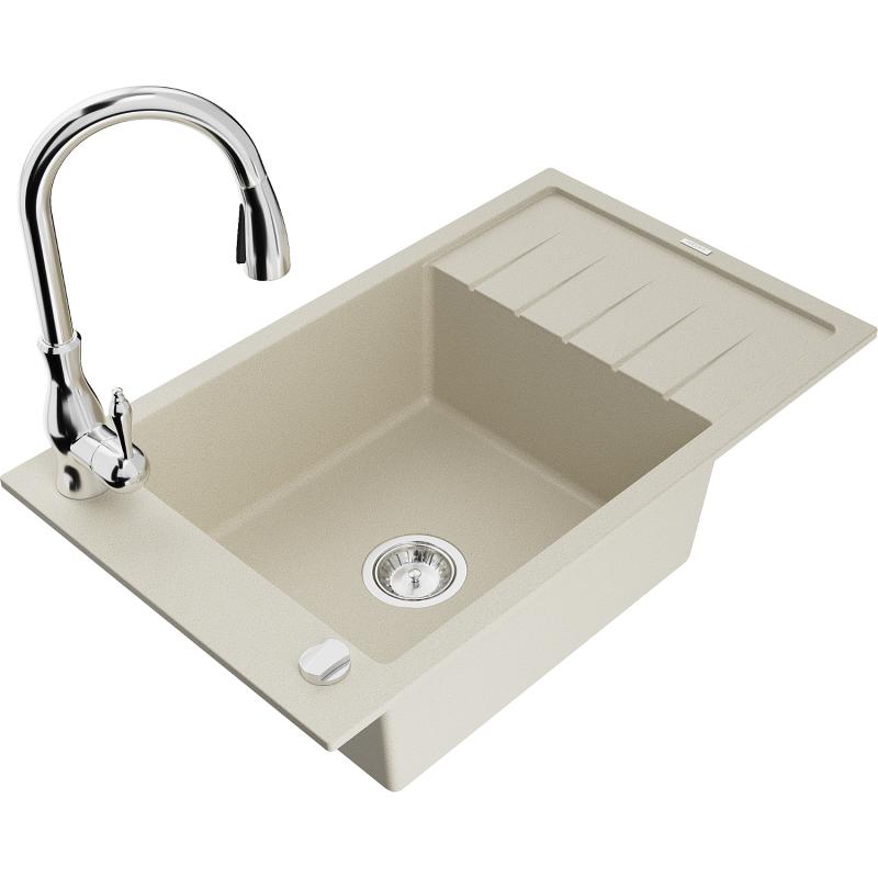 Mexen Elias Granitspüle 1-beckig mit Abtropffläche und Küchenarmatur Savita, beige - 6511-69-672601-00