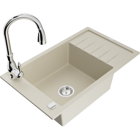 Mexen Elias Granitspüle 1-beckig mit Abtropffläche und Küchenarmatur Savita, beige - 6511-69-672601-00