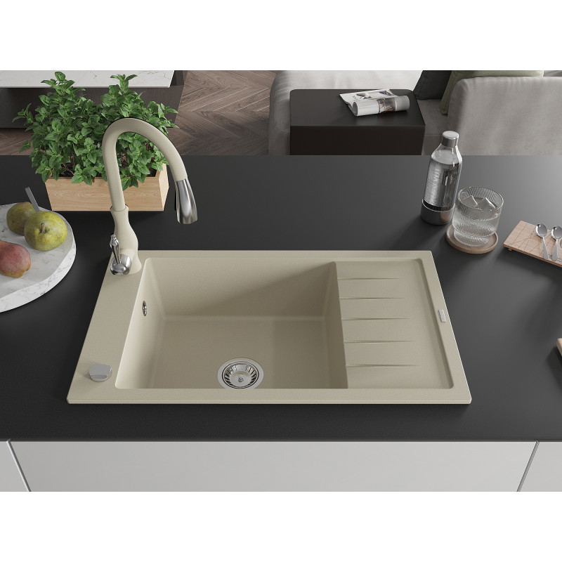 Mexen Elias 1-Kammer Granitspüle mit Abtropffläche und Küchenarmatur Savita, beige - 6511-69-672601-69