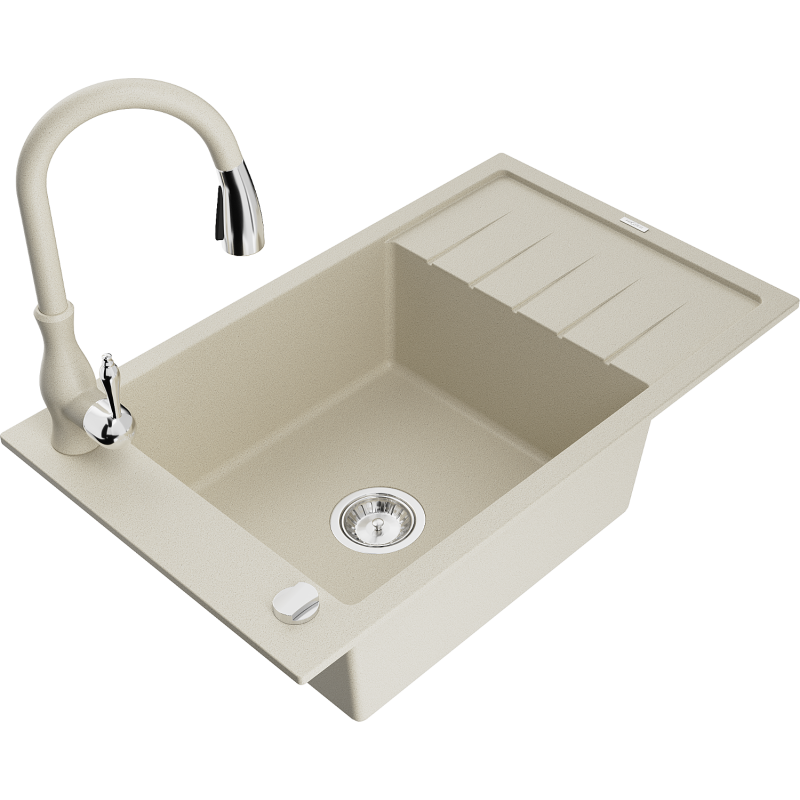 Mexen Elias 1-Kammer Granitspüle mit Abtropffläche und Küchenarmatur Savita, beige - 6511-69-672601-69