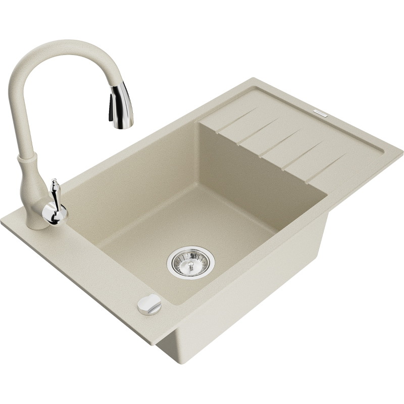 Mexen Elias Granitspüle 1-Becken mit Abtropffläche und Küchenarmatur Savita, beige - 6511-69-672601-69