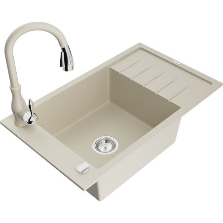 Mexen Elias 1-Kammer Granitspüle mit Abtropffläche und Küchenarmatur Savita, beige - 6511-69-672601-69