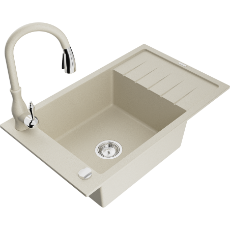 Mexen Elias Granitspüle 1-Becken mit Abtropffläche und Küchenarmatur Savita, beige - 6511-69-672601-69