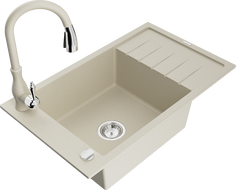 Mexen Elias 1-Kammer Granitspüle mit Abtropffläche und Küchenarmatur Savita, beige - 6511-69-672601-69