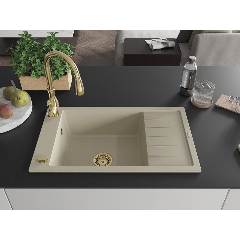 Mexen Elias Granitspüle 1-Becken mit Abtropffläche und Küchenarmatur Savita, beige - 6511-69-672601-50