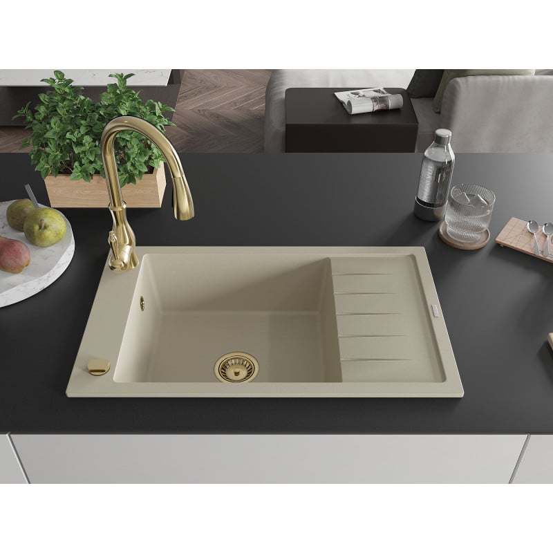 Mexen Elias Granitspüle einbecken mit Abtropffläche und Küchenarmatur Savita, beige - 6511-69-672601-50