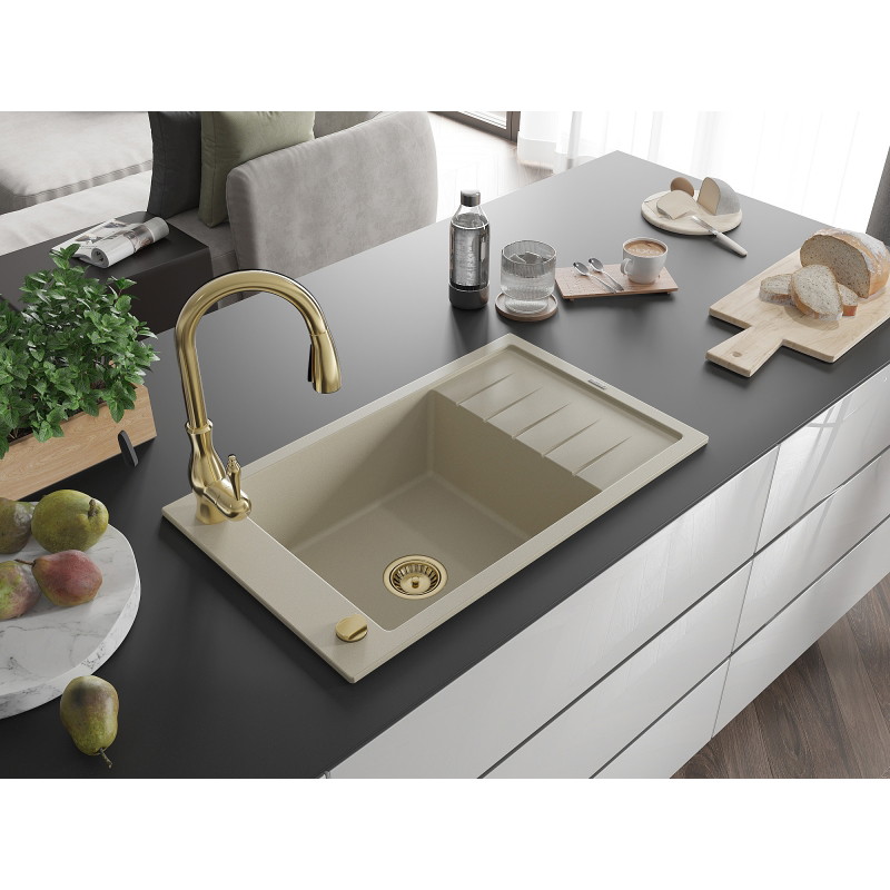 Mexen Elias Granitspüle 1-Becken mit Abtropffläche und Küchenarmatur Savita, beige - 6511-69-672601-50