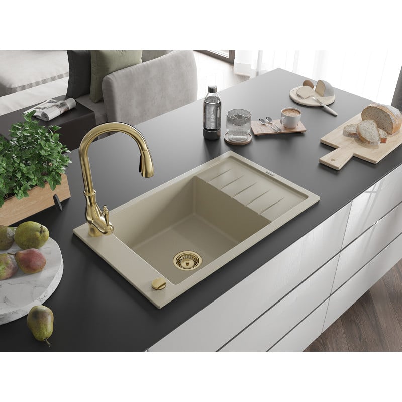 Mexen Elias Granitspüle einbecken mit Abtropffläche und Küchenarmatur Savita, beige - 6511-69-672601-50