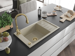 Mexen Elias Granitspüle einbecken mit Abtropffläche und Küchenarmatur Savita, beige - 6511-69-672601-50