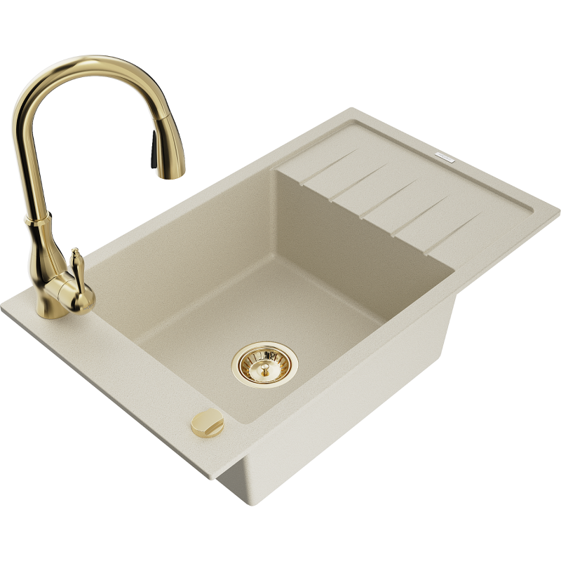 Mexen Elias Granitspüle einbecken mit Abtropffläche und Küchenarmatur Savita, beige - 6511-69-672601-50