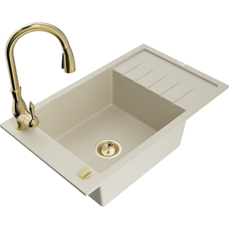 Mexen Elias Granitspüle 1-Becken mit Abtropffläche und Küchenarmatur Savita, beige - 6511-69-672601-50