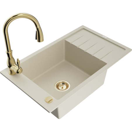 Mexen Elias Granitspüle einbecken mit Abtropffläche und Küchenarmatur Savita, beige - 6511-69-672601-50