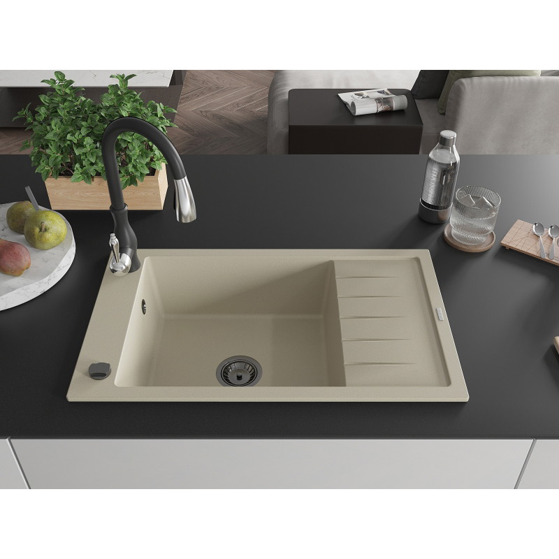 Mexen Elias Granitspüle 1-beckig mit Abtropffläche und Küchenarmatur Savita, beige - 6511-69-672601-70