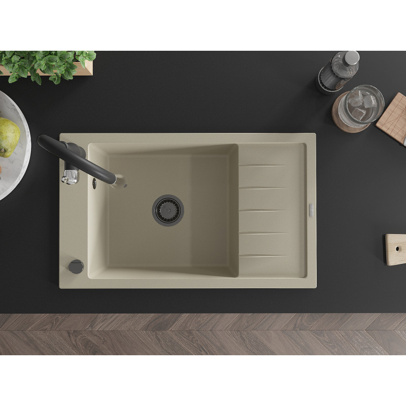 Mexen Elias Granitspüle 1-Becken mit Abtropffläche und Küchenarmatur Savita, beige - 6511-69-672601-70