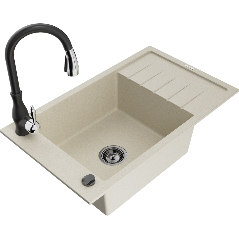Mexen Elias Granitspüle 1-Becken mit Abtropffläche und Küchenarmatur Savita, beige - 6511-69-672601-70