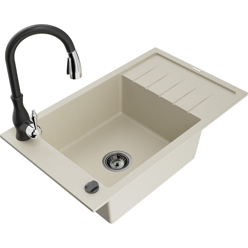 Mexen Elias Granitspüle 1-beckig mit Abtropffläche und Küchenarmatur Savita, beige - 6511-69-672601-70