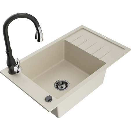 Mexen Elias Granitspüle 1-Becken mit Abtropffläche und Küchenarmatur Savita, beige - 6511-69-672601-70