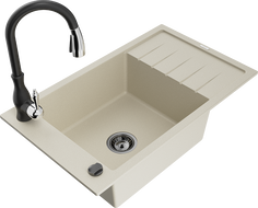 Mexen Elias Granitspüle 1-Becken mit Abtropffläche und Küchenarmatur Savita, beige - 6511-69-672601-70