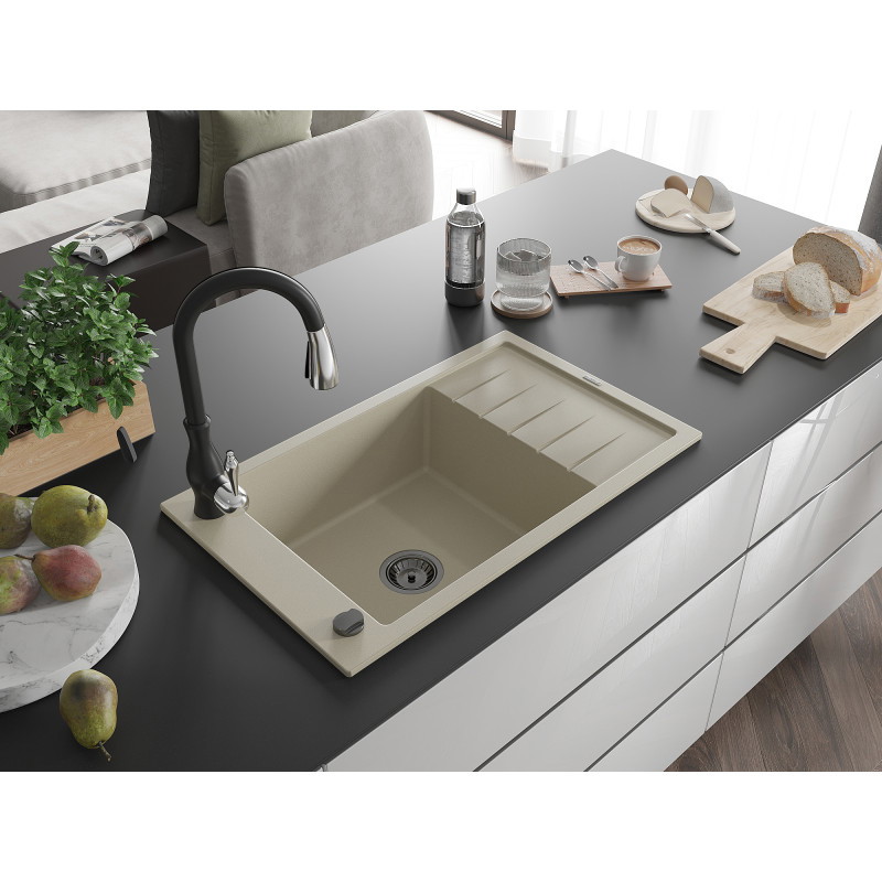 Mexen Elias Granitspüle 1-Becken mit Abtropffläche und Küchenarmatur Savita, beige - 6511-69-672601-70