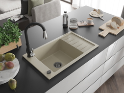 Mexen Elias Granitspüle 1-Becken mit Abtropffläche und Küchenarmatur Savita, beige - 6511-69-672601-70